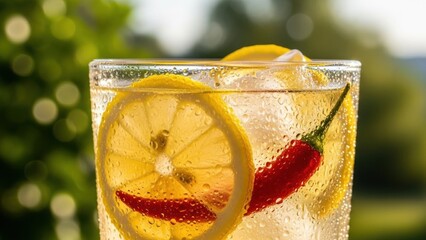 Close-up of cold refreshing drink with lemon and red chili pepper for summer beverage and spicy cocktail