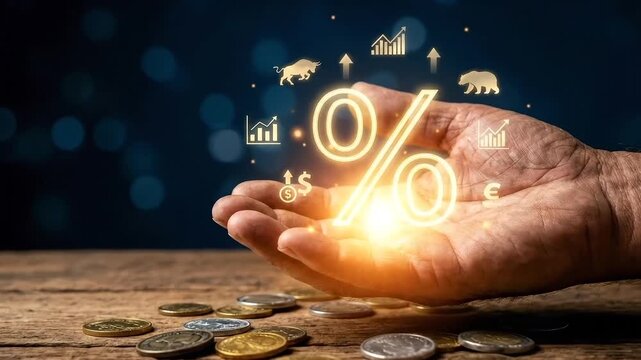 Interest rate investment concept with hand holding percentage symbol, stock market bull bear, money, finance on wooden table