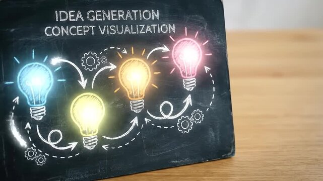 Idea generation and concept visualization illustrated with colorful light bulbs and gears on a chalkboard
