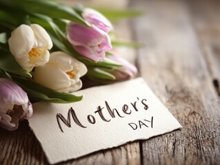 Detail shot of handwritten Mother's Day greeting card beside fresh flowers on rustic wooden table surface, perfect for appreciation gratitude and loving tribute concept imagery materials.