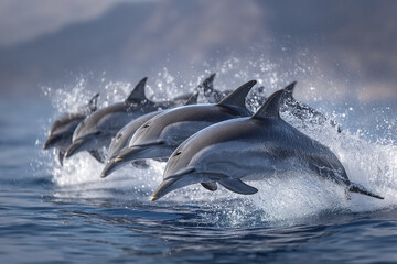 Fototapeta premium Group of dolphins jumping together in perfect timing over ocean surface with splashing water, showing dynamic movement and natural marine life beauty