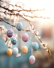 Decorative painted easter eggs hanging on natural tree branches with blurred spring garden background bokeh, perfect for easter holiday decoration and nature renewal celebration concept.
