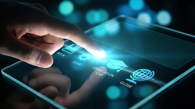 Interactive education concept with hand touching digital tablet displaying learning icons for future skills and global connection.