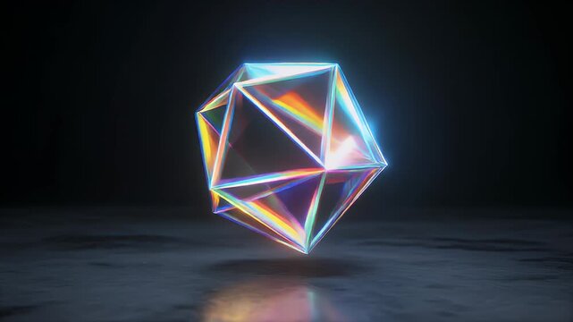 A geometric prism in a dark setting. The object reflects light, creating a rainbow effect. The structure floats above a surface, casting a subtle glow