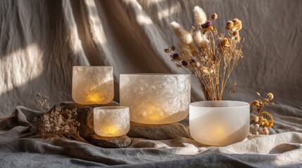 Crystal singing bowls of various sizes illuminated by warm soothing ambient light, vibrational sound energy healing atmosphere perfect for spiritual wellness and mindfulness practice concept.