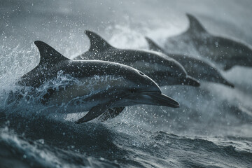 Fototapeta premium Group of dolphins swimming and surfacing in choppy water with splashes and waves, showing dynamic movement and natural ocean life in dramatic scene