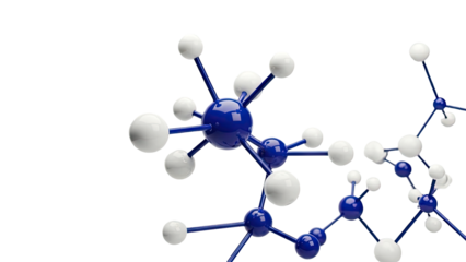 Abstract molecular structure with blue and white spheres on white background