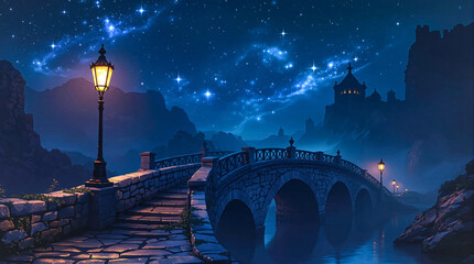 An old street lamp on a mystical, stone Roman bridge with an old medieval castle in the background and a starry night sky.