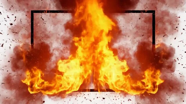 Fiery frame animation with intense flames and smoke against a clean white background.