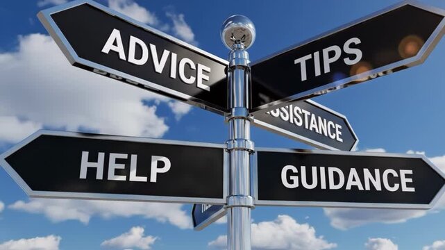 Directional signpost with advice and guidance signs pointing in different directions