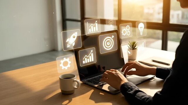 Professional working on laptop with digital business icons, achieving goals in modern workspace at home, startup success and creativity