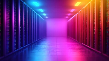 Network servers arranged in rows with colorful lights in a data center
