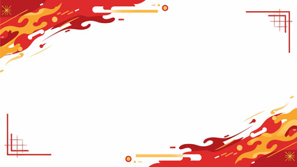 Dynamic abstract red and orange background with traditional Asian corner frames, suitable for festive events.