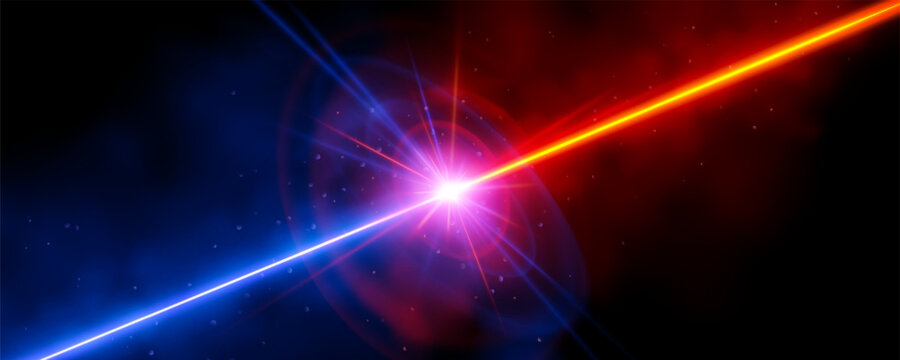 Laser effect background vs laser. Collision of blue and red lightning energy. Laser shocks and magic storm versus concept. Particle explosion for battle design. Release of abstract confrontation