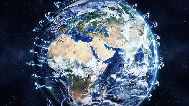 Stunning 3D rendering of Earth surrounded by water features, showcasing the continents and oceans with light effects that convey the beauty and fragility of our planet.