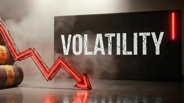 Oil price volatility concept with falling red arrow, crude oil barrels and smoky background depicting economic uncertainty.