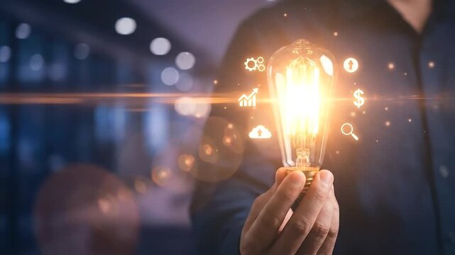 Startup business innovation and creative idea. Businessman holding light bulb with rocket and financial growth icon for success.
