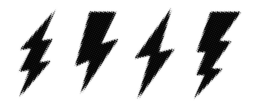 Halftone grunge lightning bolts set. black dotted flash thunderbolt. dotted thunder bolt symbol collection