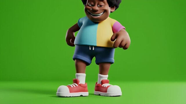 A vibrant cartoon character with a joyful expression, dressed in a colorful t-shirt and shorts, standing confidently on a bright green background, perfect for children's content and marketing.