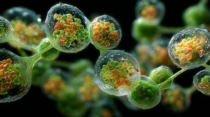 Live green cell structure, view of the leaf surface showing plant cells. Unicellular green algae with plant protoplast plankton cell. View surface of leaves showing plant cells.