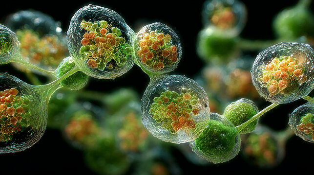 Live green cell structure, view of the leaf surface showing plant cells. Unicellular green algae with plant protoplast plankton cell. View surface of leaves showing plant cells.