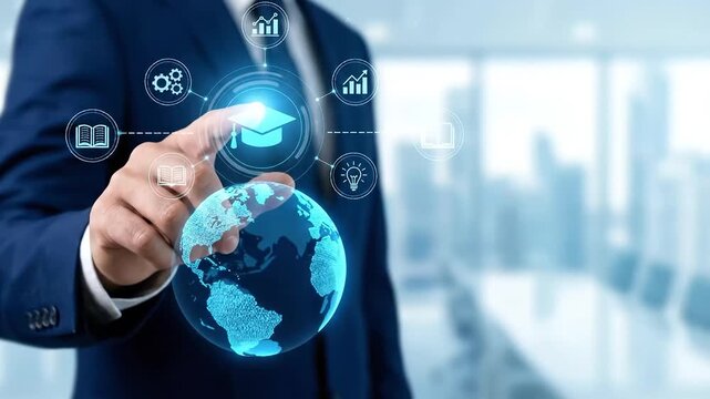 Businessman using digital globe with education icons. Global business and online learning concept.