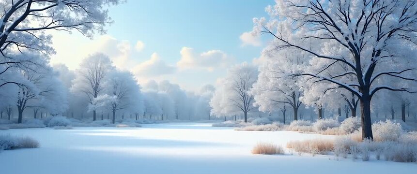 Serene winter landscape with snow-covered trees gently swaying, captured in a slow cinematic pan as soft ambient light flickers, creating a tranquil natural beauty scene.