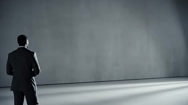 Businessman in a suit standing alone against a blank gray wall in a minimalistic setting, symbolizing contemplation, decision-making, and the corporate environment.
