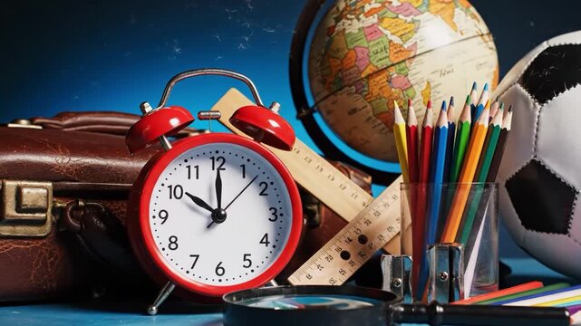 A still life of school supplies on a blue background with a soccer ball