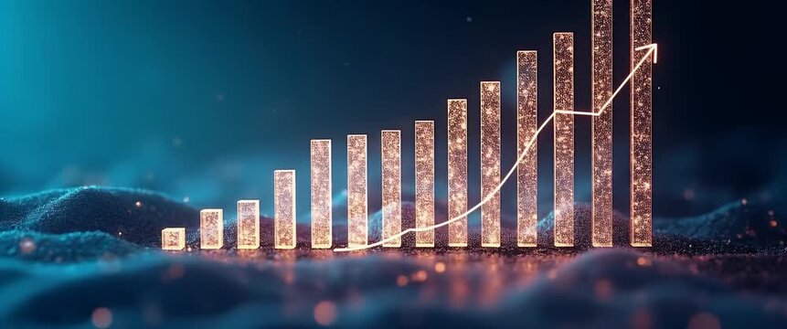 Glowing bar chart rises dynamically against a shimmering, bokeh-lit background as the camera gently pans, capturing the essence of economic growth in a cinematic, financial-themed scene.