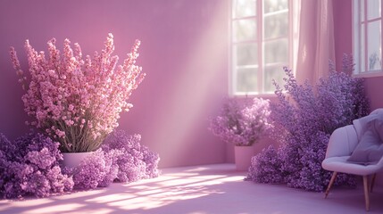 A serene studio setting with abundant pastel purple flowers, bathed in soft light, creating a dreamy and chaotic yet elegant atmosphere ideal for aesthetic backgrounds and designs.