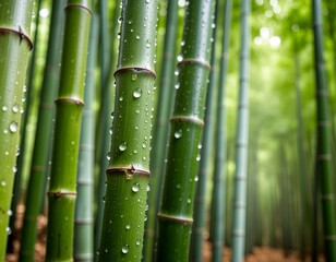 Fototapeta premium Rain on bamboo stems, soft light, green forest blur.