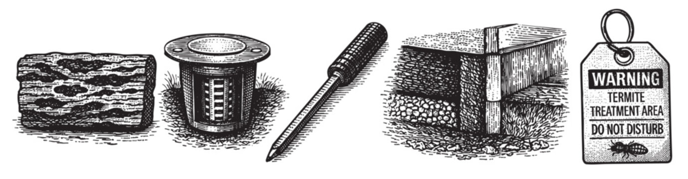 This vintage-style illustration displays various items related to termite control, including bait stations, probes, and a warning sign, representing pest management and home protection.
