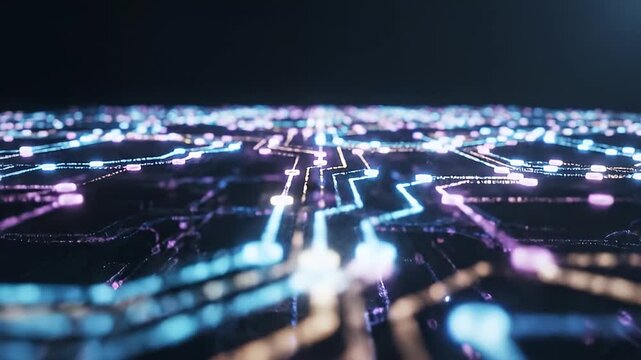 Futuristic digital landscape showcasing intricate neon circuit patterns, featuring glowing lines and nodes, perfect for technology and innovation themed projects and designs.
