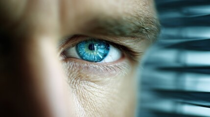 Close-up view of a man's eye with blue iris and detailed skin texture