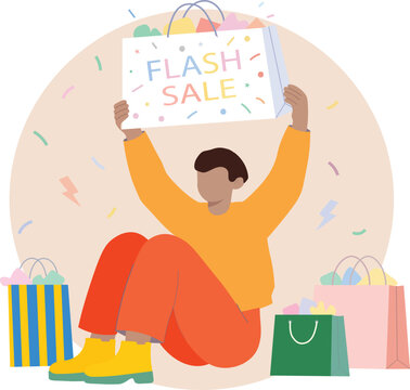 Man holding flash sale sign surrounded by shopping bags