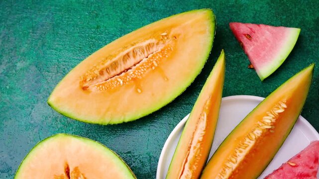 Fresh cantaloupe and watermelon slices arranged on a dark green textured surface.