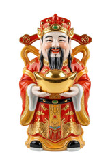Porcelain God of Wealth Caishen statue holding gold ingot isolated. Prosperity deity.