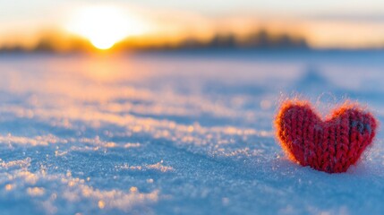 Warm heart on cold snow with sunset in the background near a frozen lake