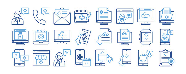Telemedicine icon collection. Containing design Doctor, Consultation, Email, Medical Appointment, Medical Report