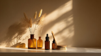 Aesthetic self-care essentials in warm sunlight with shadows and natural elements. This image showcases a collection of self-care items, including essential oils and a brush, in a serene setting