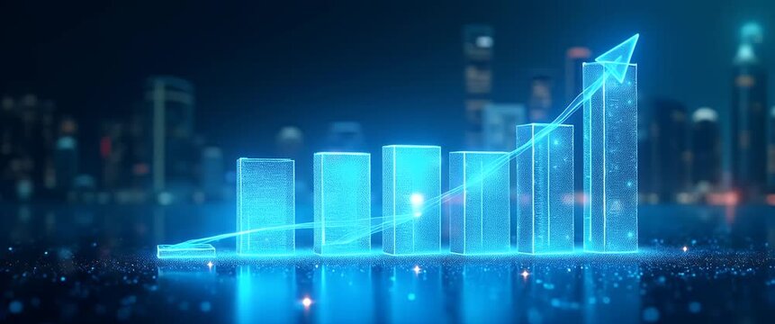 Glowing digital bar graph ascends in a futuristic cityscape at night; camera gently pans across the scene as ambient city lights flicker, showcasing economic growth in a cinematic style.