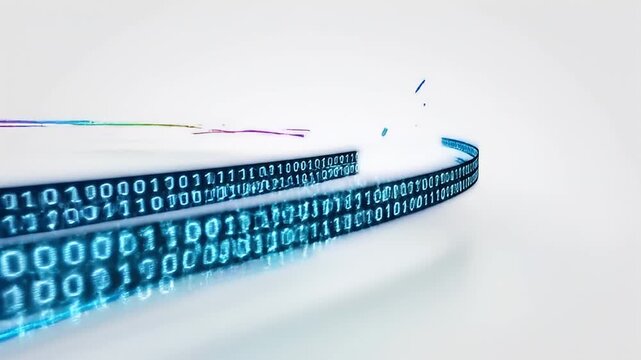 Futuristic data stream with glowing blue binary code on a sleek white background, symbolizing digital technology and information flow for modern business solutions.