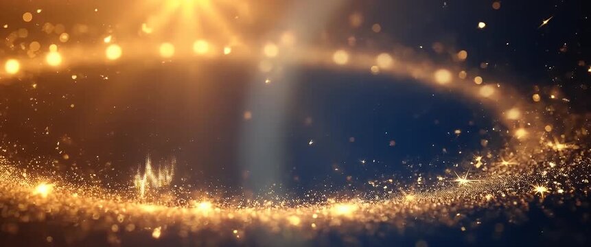 Golden sparkles gently drift in a mesmerizing circular motion, as the camera slowly pans across a dreamy, cinematic scene, creating an enchanting, ambient glow.