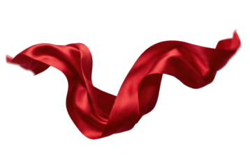Floating red satin ribbon isolated. Elegant waving textile banner.