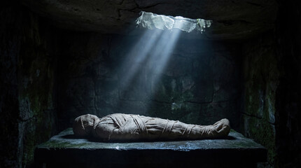 Body of Jesus wrapped in linen shroud lying in dark stone tomb. Ray of divine light shining from above on burial place. Biblical concept of Holy Saturday and impending Resurrection.