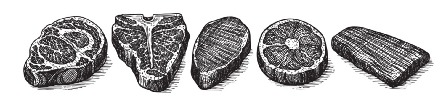 A vintage-style black and white illustration depicts five different raw cuts of meat, including a T-bone steak, arranged on a white background, ideal for culinary or butcher shop themes.