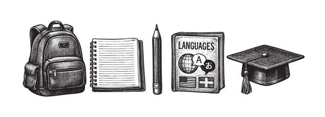 A vintage-style illustration in black and white features school essentials like a backpack, notebook, pencil, language book, and graduation cap, symbolizing learning and academic achievement.