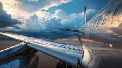 Airplane wing soaring through dramatic clouds in a beautiful sky view. An airplane wing reflects the sky as it flies above the clouds, creating a stunning visual experience