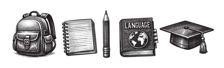 A vintage-style, black and white illustration depicts essential school and language learning items including a backpack, notebook, pencil, a book titled "Language" with a globe, and a graduation cap.